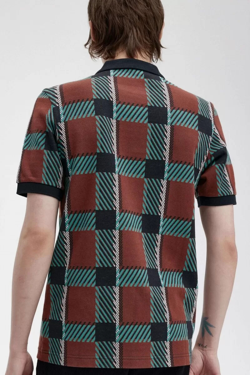fred perry glitch tartan herr pikétröja whiskybrun