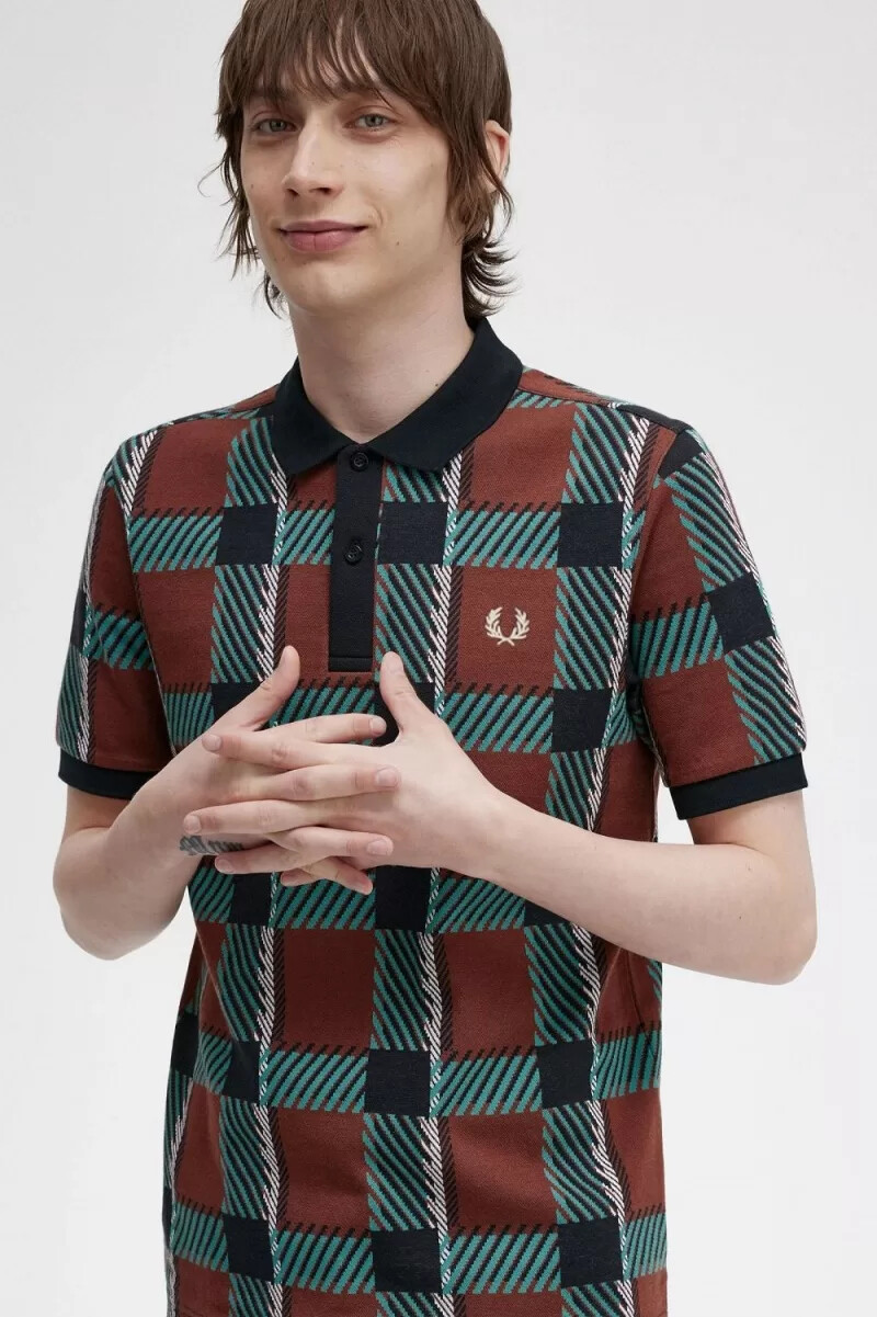 fred perry glitch tartan herr pikétröja whiskybrun