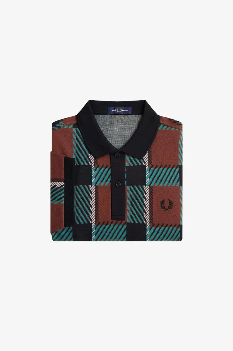 fred perry glitch tartan herr pikétröja whiskybrun