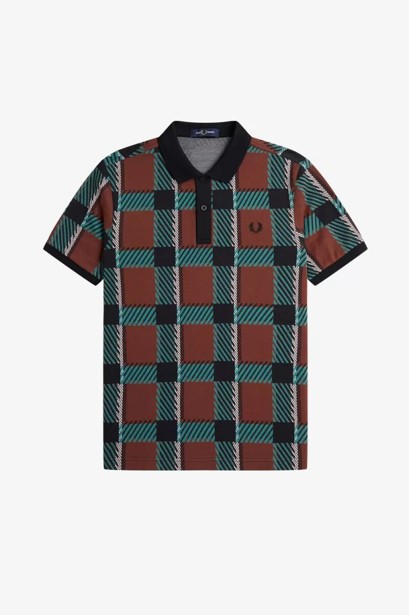 fred perry glitch tartan herr pikétröja whiskybrun