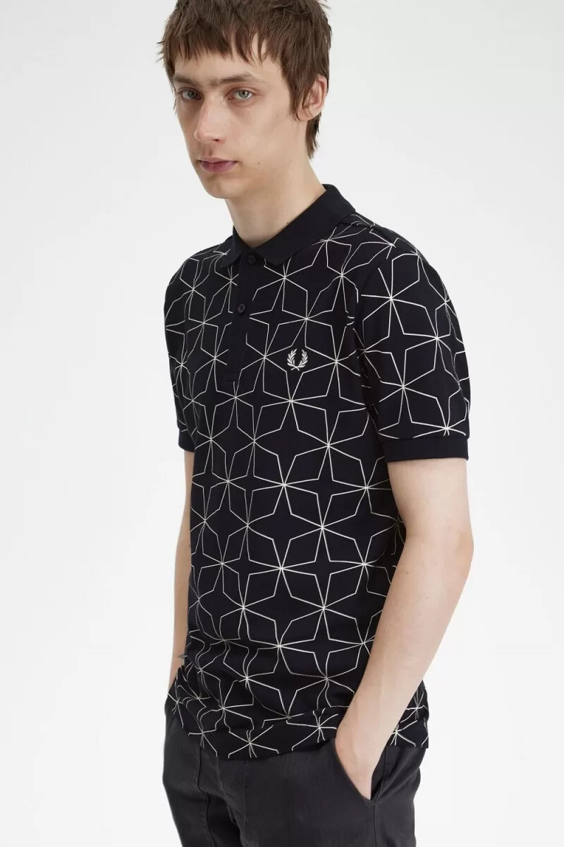 fred perry geometrisk herr pikétröja svart