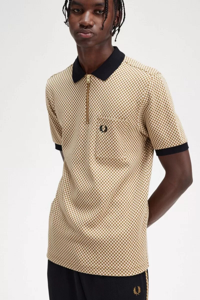 fred perry micro chequerboard herr pikétröja havregryn mörk kaffe