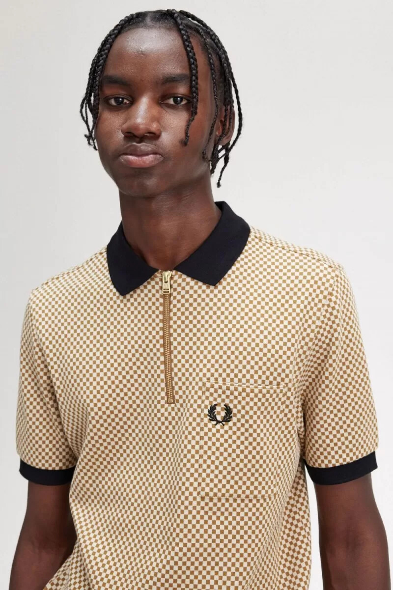 fred perry micro chequerboard herr pikétröja havregryn mörk kaffe