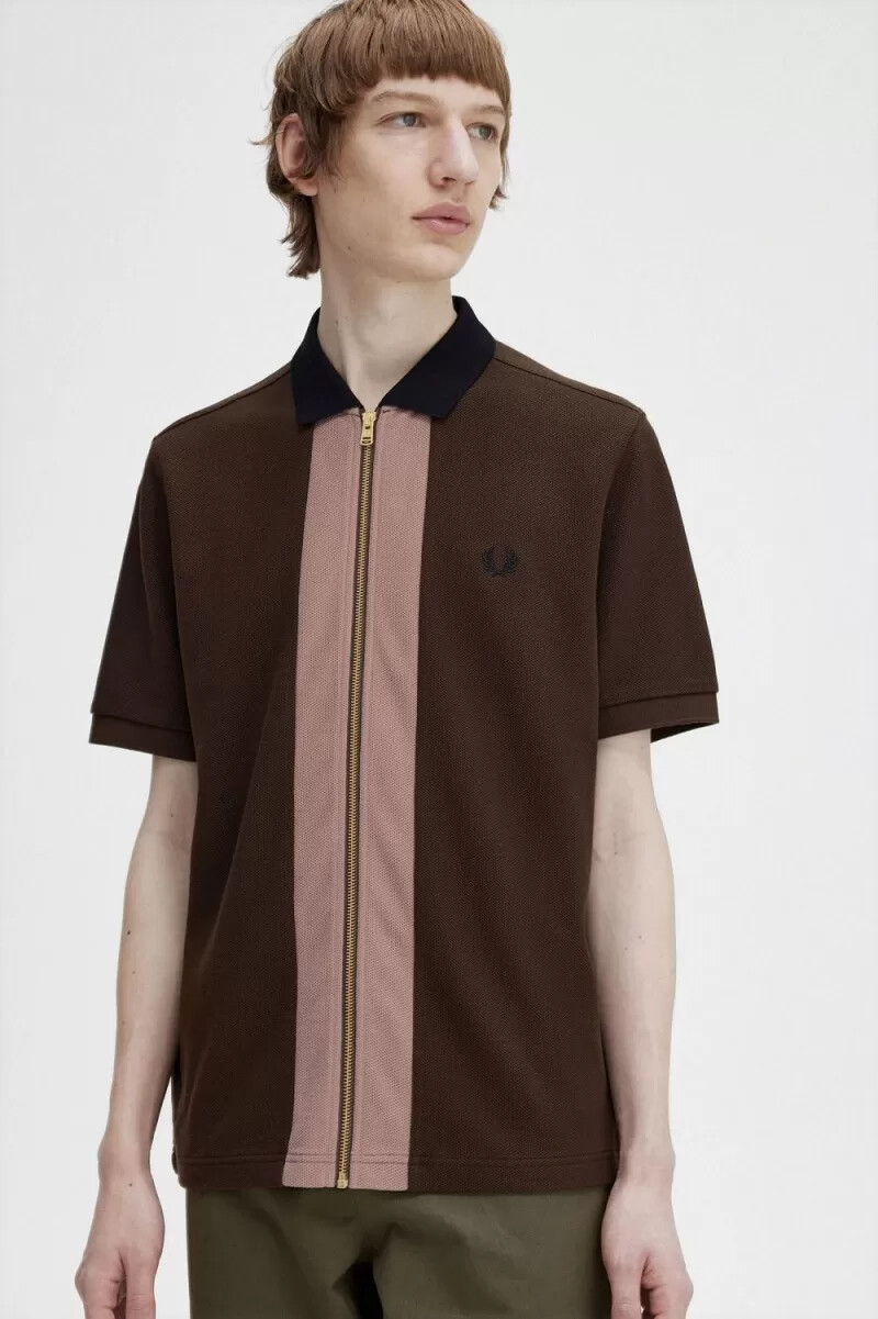 fred perry zip through herrpoloskjorta burnt tobacco