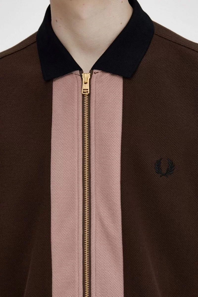 fred perry zip through herrpoloskjorta burnt tobacco