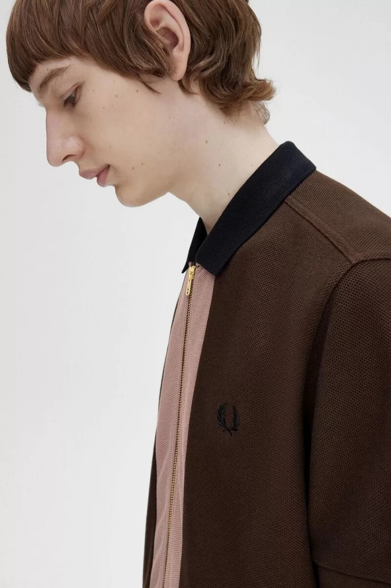 fred perry zip through herrpoloskjorta burnt tobacco