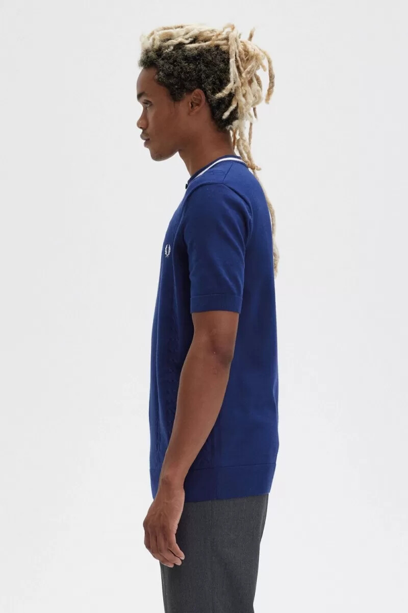 fred perry kabelstickad henley herrskjorta marinblå