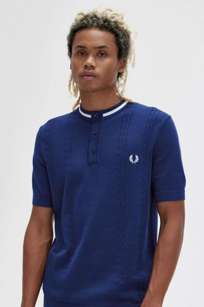 fred perry kabelstickad henley herrskjorta marinblå