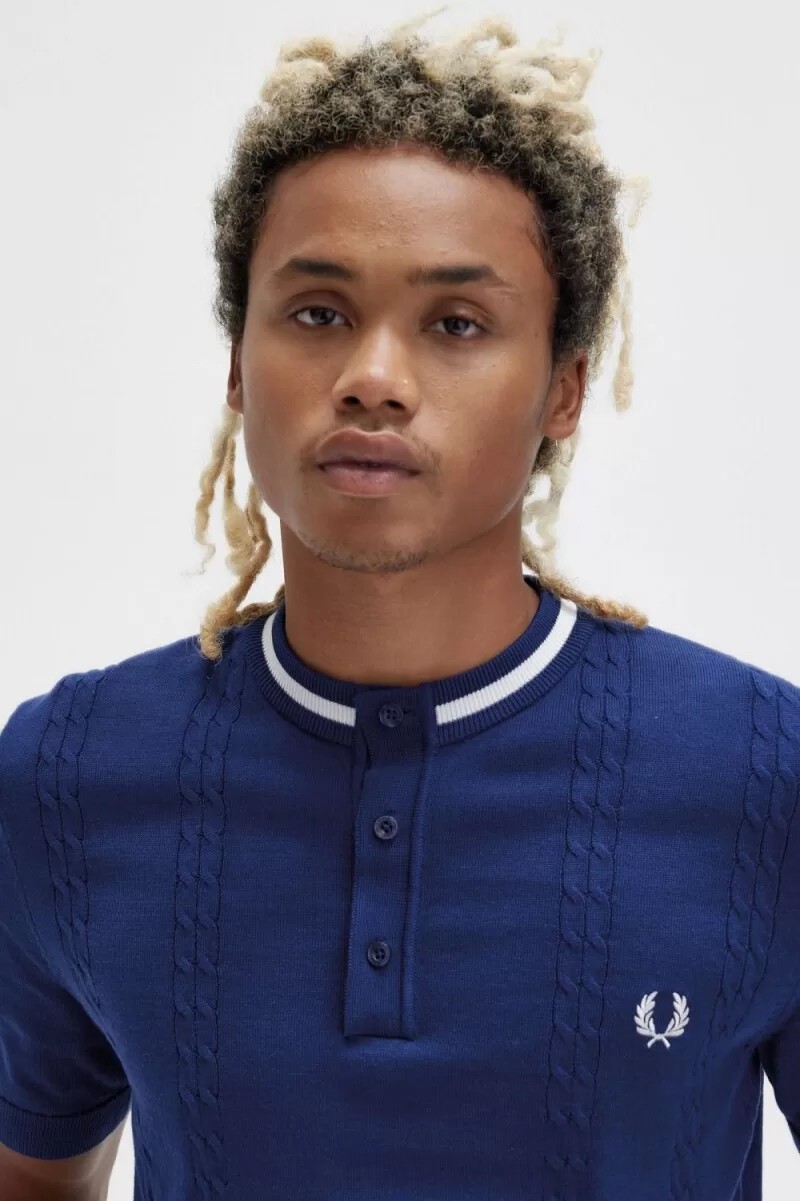 fred perry kabelstickad henley herrskjorta marinblå