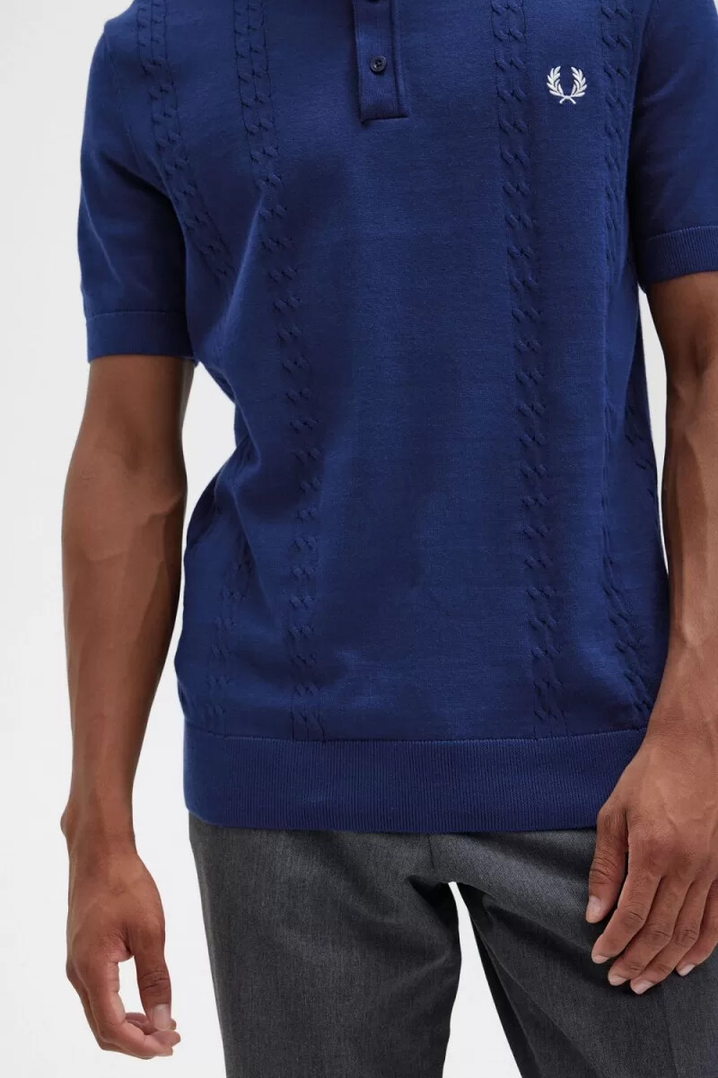 fred perry kabelstickad henley herrskjorta marinblå