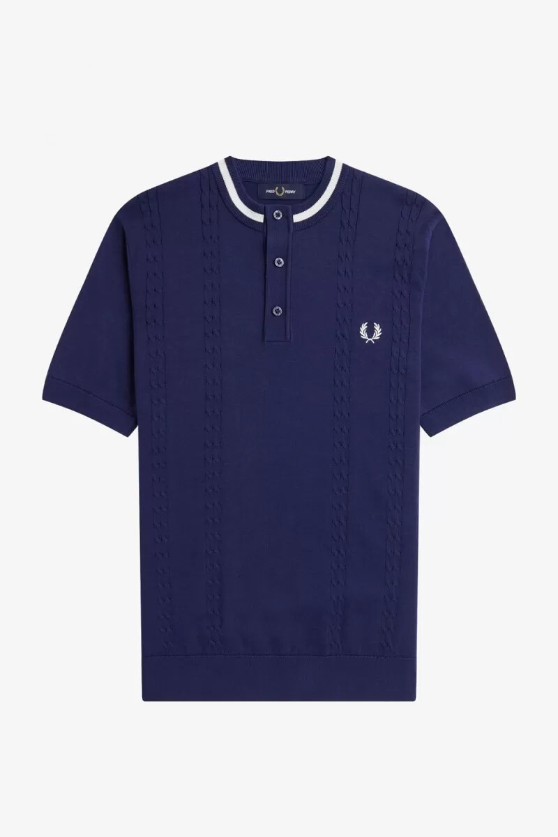fred perry kabelstickad henley herrskjorta marinblå