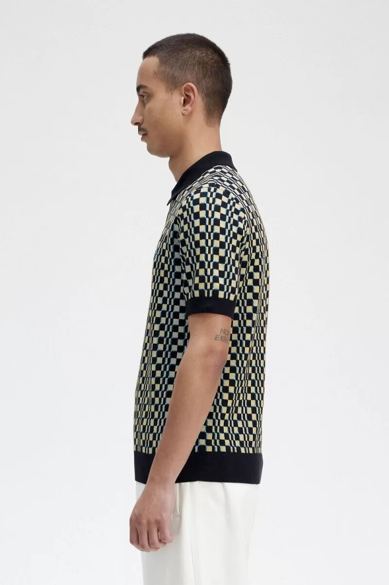 fred perry glitch checkerboard stickad herrskjorta ljus mintsvart
