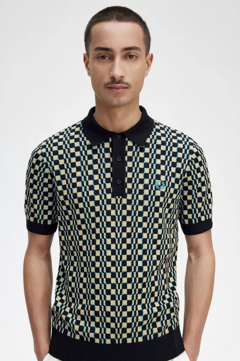fred perry glitch checkerboard stickad herrskjorta ljus mintsvart