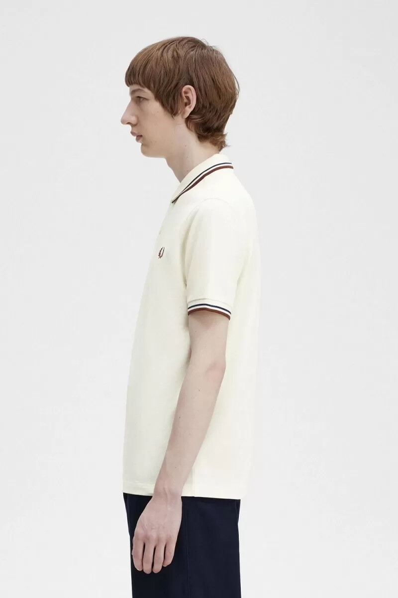 fred perry m3600 herrskjorta beige fransk marinblå whiskybrun