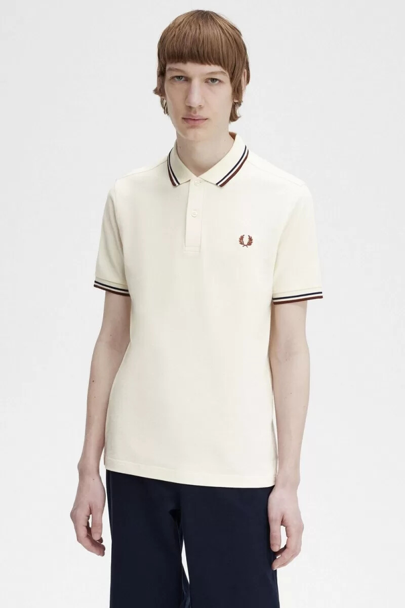 fred perry m3600 herrskjorta beige fransk marinblå whiskybrun
