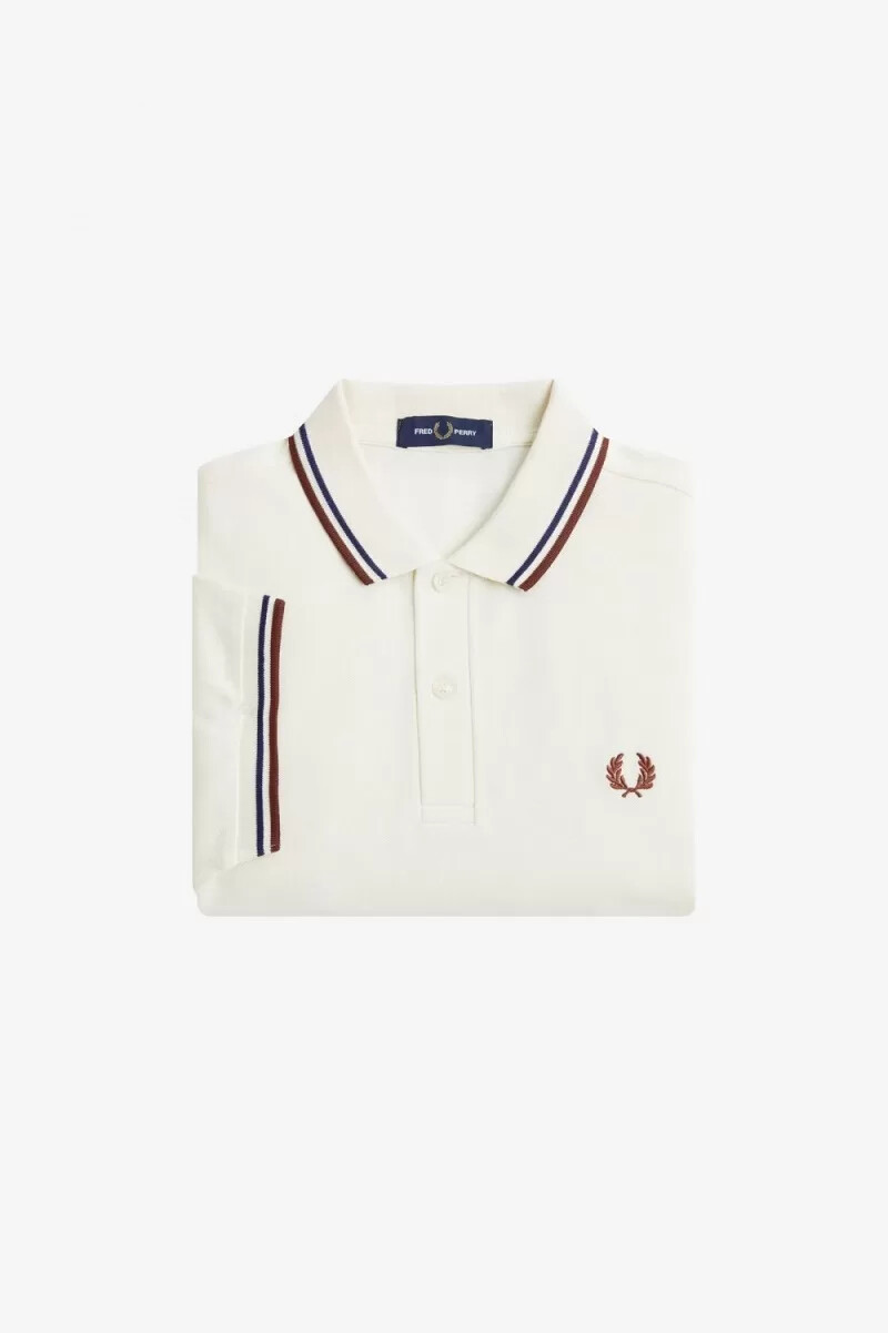 fred perry m3600 herrskjorta beige fransk marinblå whiskybrun
