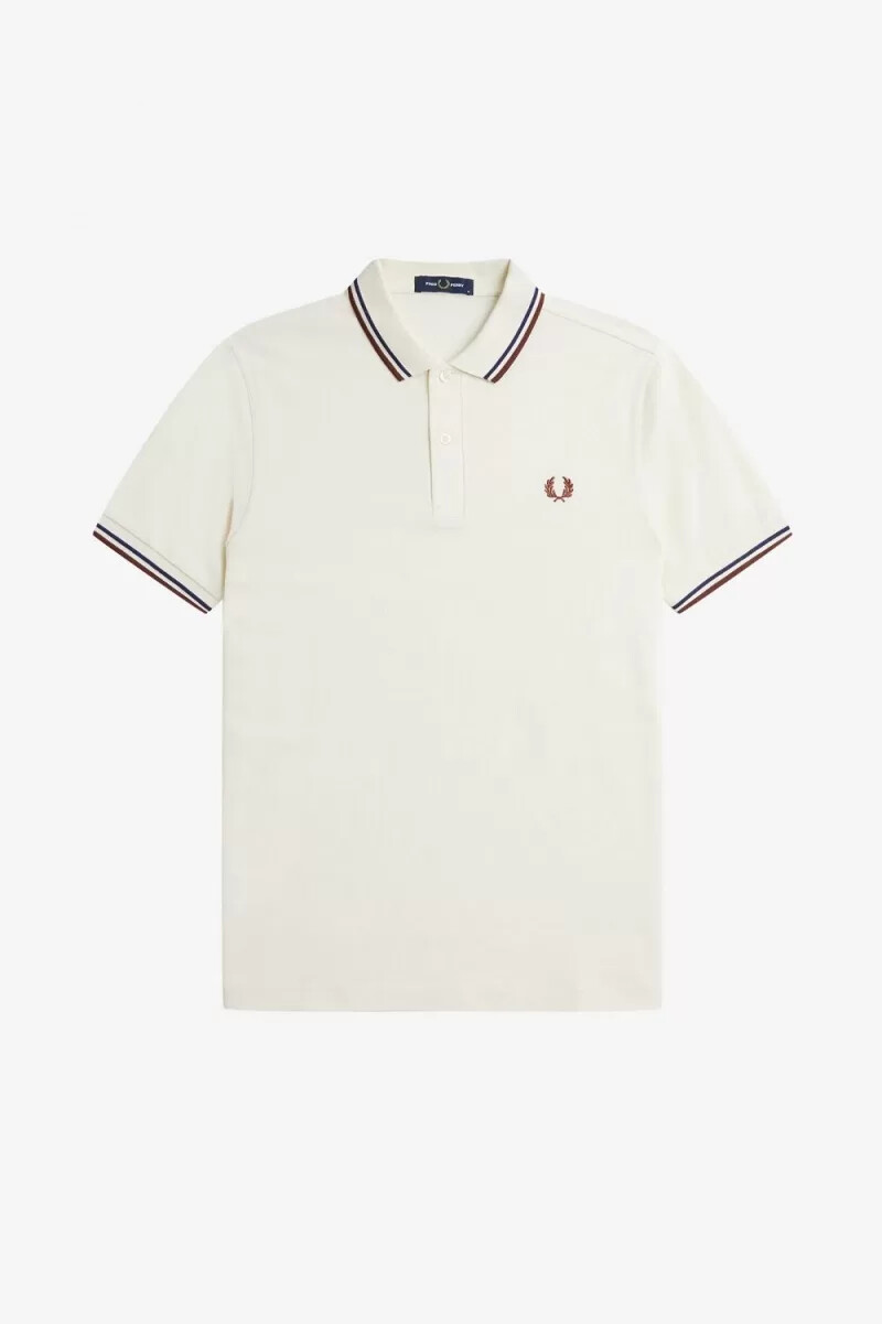 fred perry m3600 herrskjorta beige fransk marinblå whiskybrun