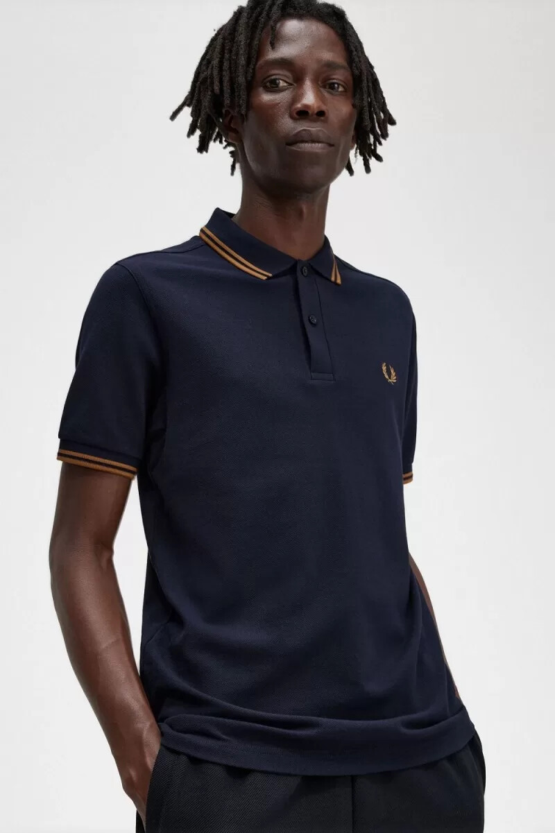 fred perry m3600 herrskjorta marinblå mörk kaffe