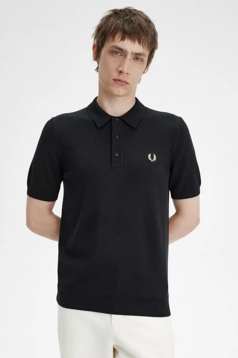 fred perry klassisk stickad herrskjorta svart