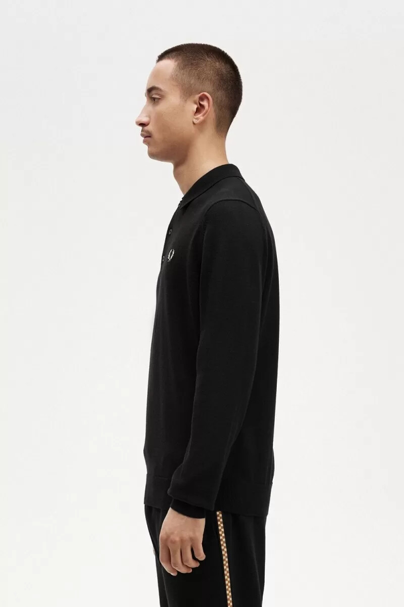 fred perry långärmad stickad herrskjorta svart
