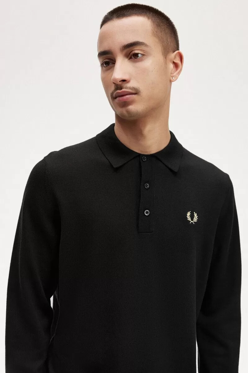 fred perry långärmad stickad herrskjorta svart
