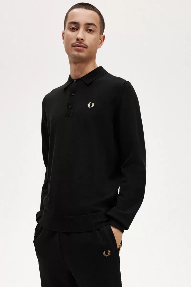 fred perry långärmad stickad herrskjorta svart