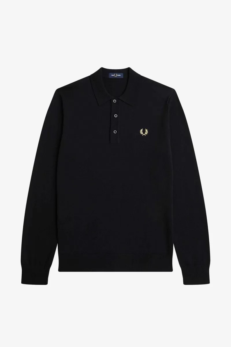 fred perry långärmad stickad herrskjorta svart