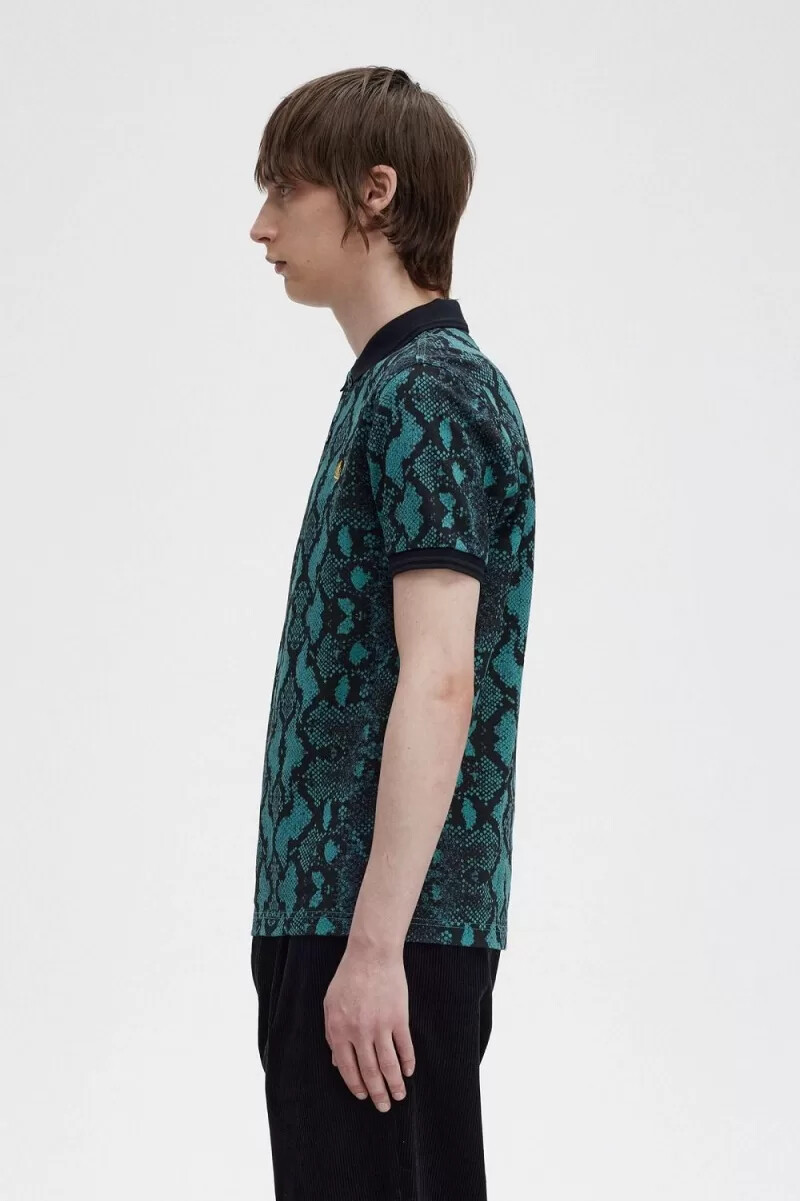 fred perry snake print herrskjorta djup mintgrön