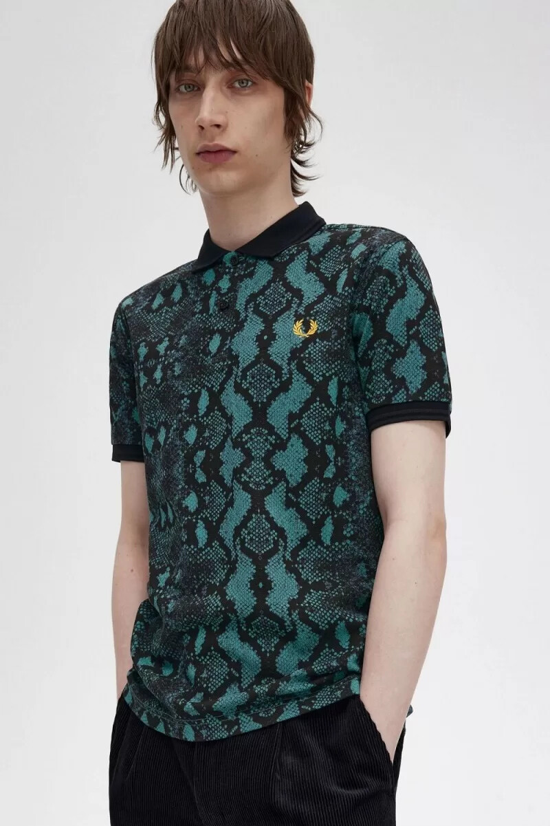 fred perry snake print herrskjorta djup mintgrön