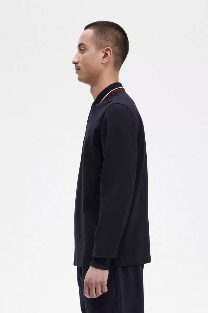 fred perry m3636 herrskjorta marinblå snövit bränd röd