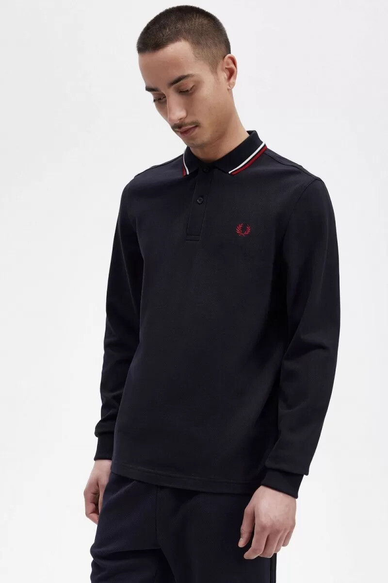 fred perry m3636 herrskjorta marinblå snövit bränd röd