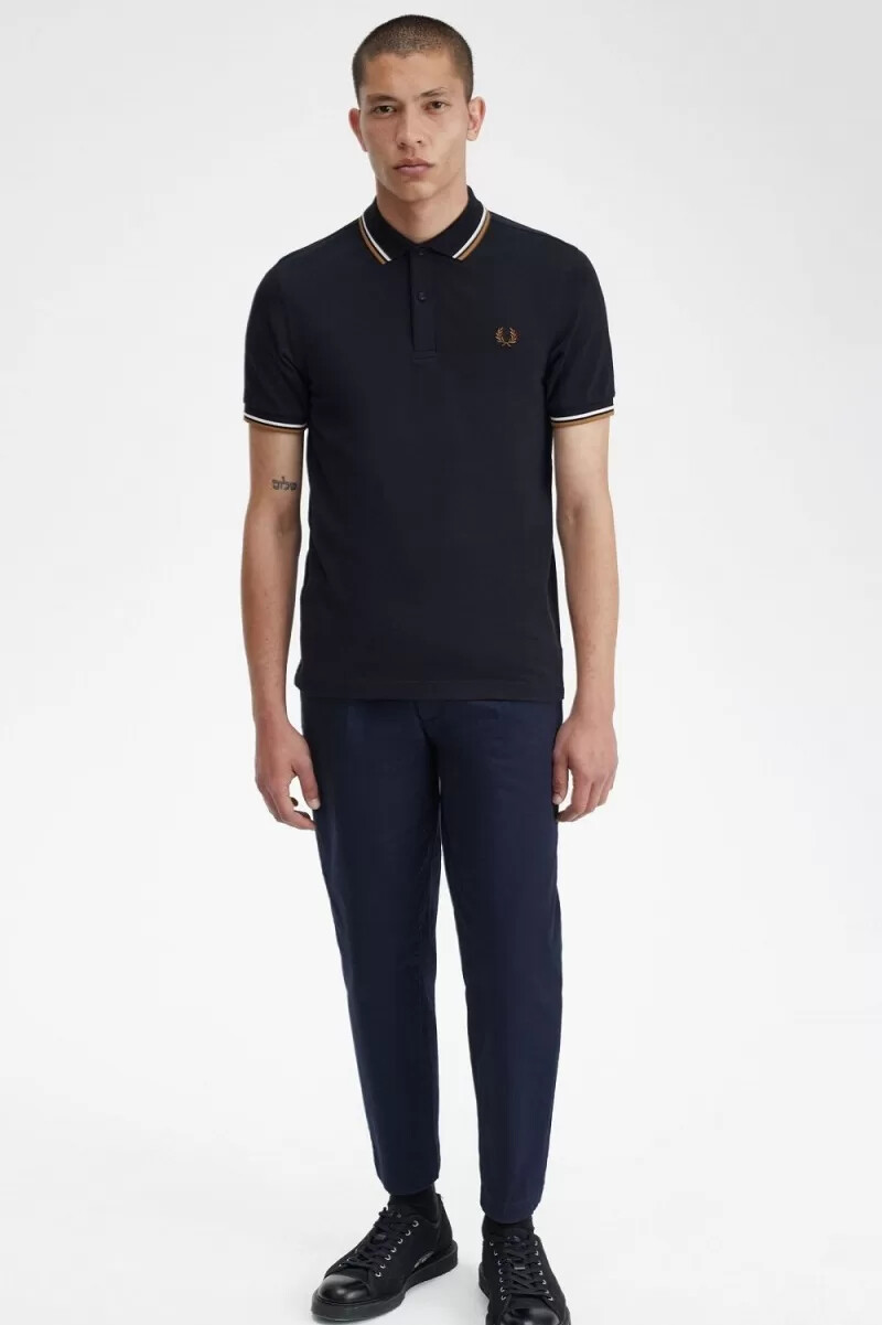 fred perry m3600 herrskjorta marinblå snövit brun