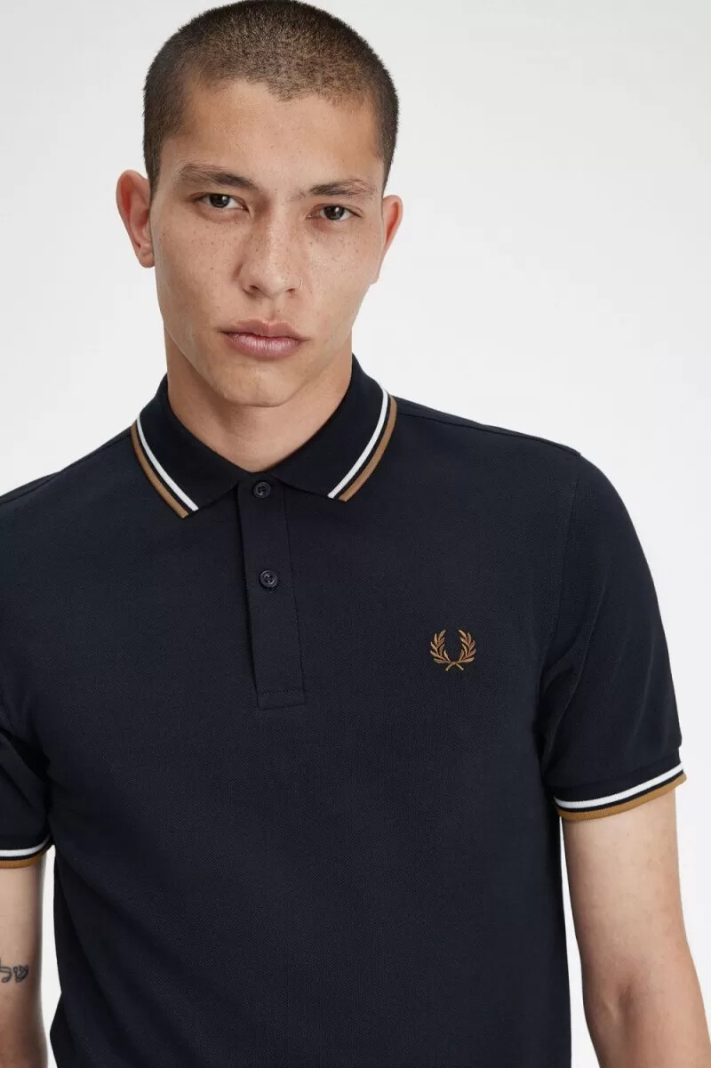 fred perry m3600 herrskjorta marinblå snövit brun