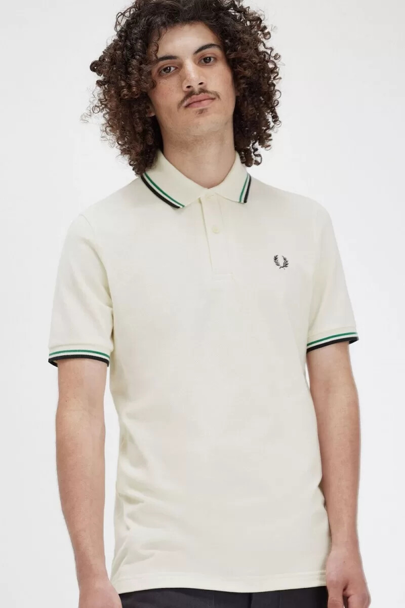 fred perry m12 herrskjorta ljusbeige grön svart