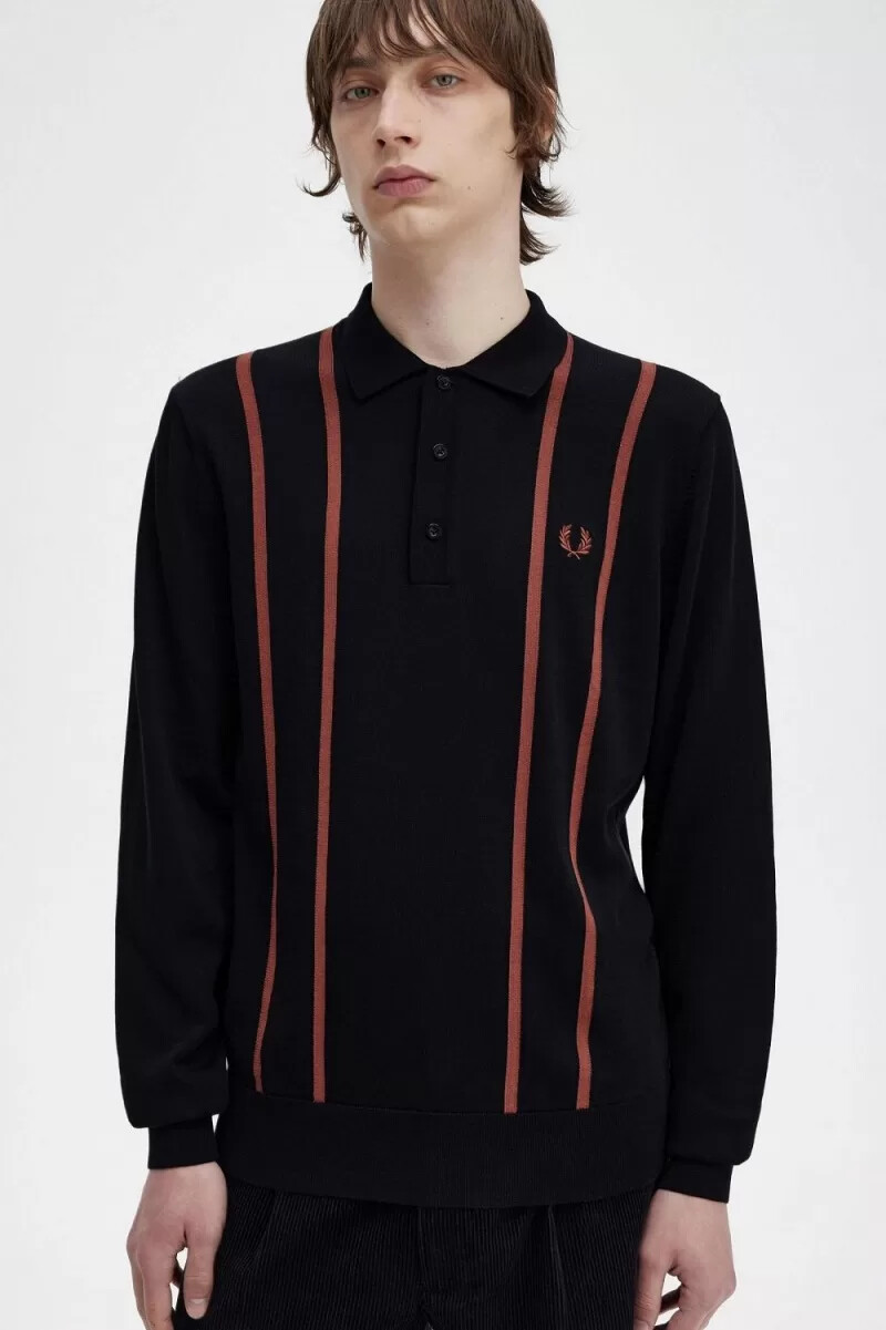 fred perry vertikal randig stickad herrskjorta svart