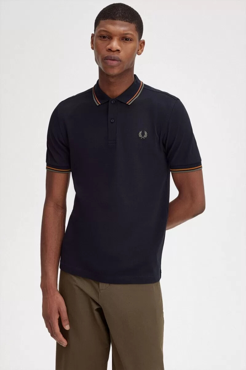 fred perry m3600 herrskjorta marinblå brun field green