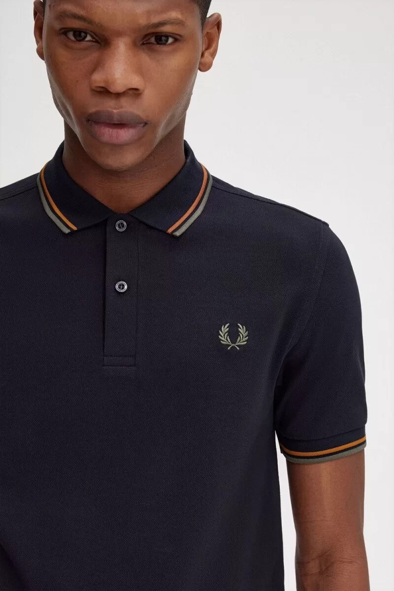 fred perry m3600 herrskjorta marinblå brun field green