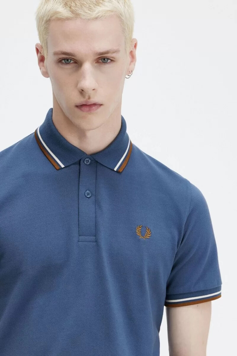 fred perry m12 herrskjorta midnattsblå beige mörk kaffe