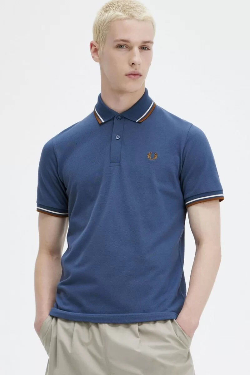fred perry m12 herrskjorta midnattsblå beige mörk kaffe
