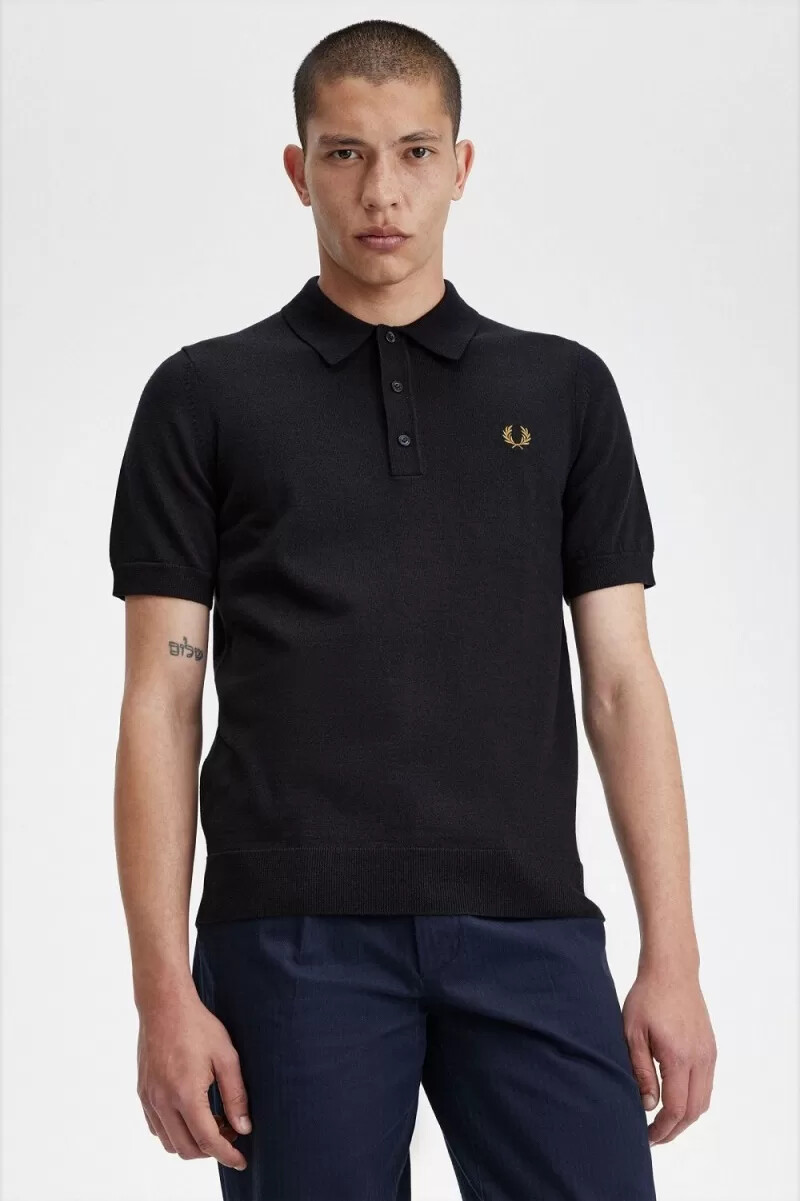 fred perry klassisk stickad herrskjorta marinblå