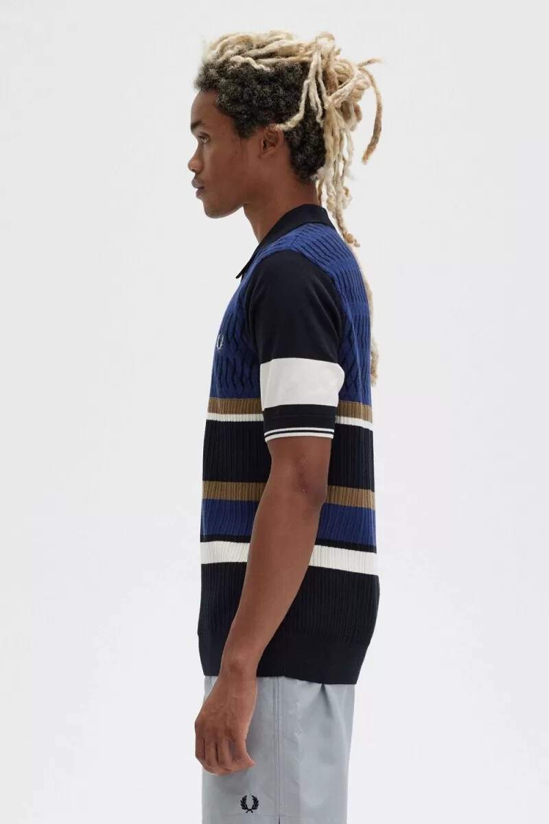 fred perry argyle panel stickad herrskjorta marinblå