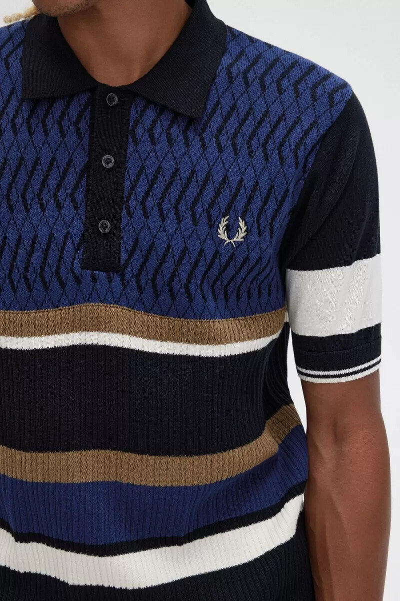 fred perry argyle panel stickad herrskjorta marinblå