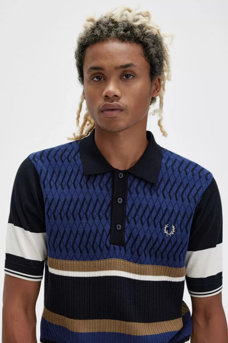 fred perry argyle panel stickad herrskjorta marinblå
