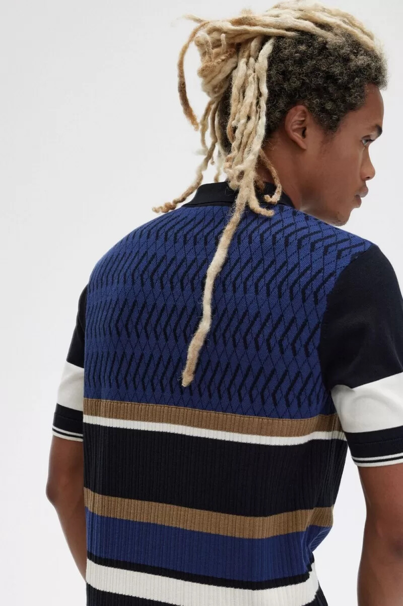fred perry argyle panel stickad herrskjorta marinblå