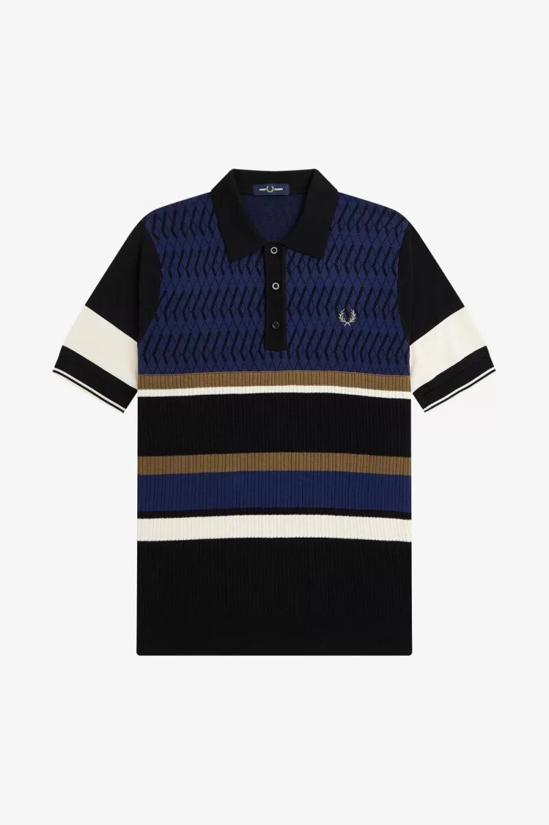 fred perry argyle panel stickad herrskjorta marinblå