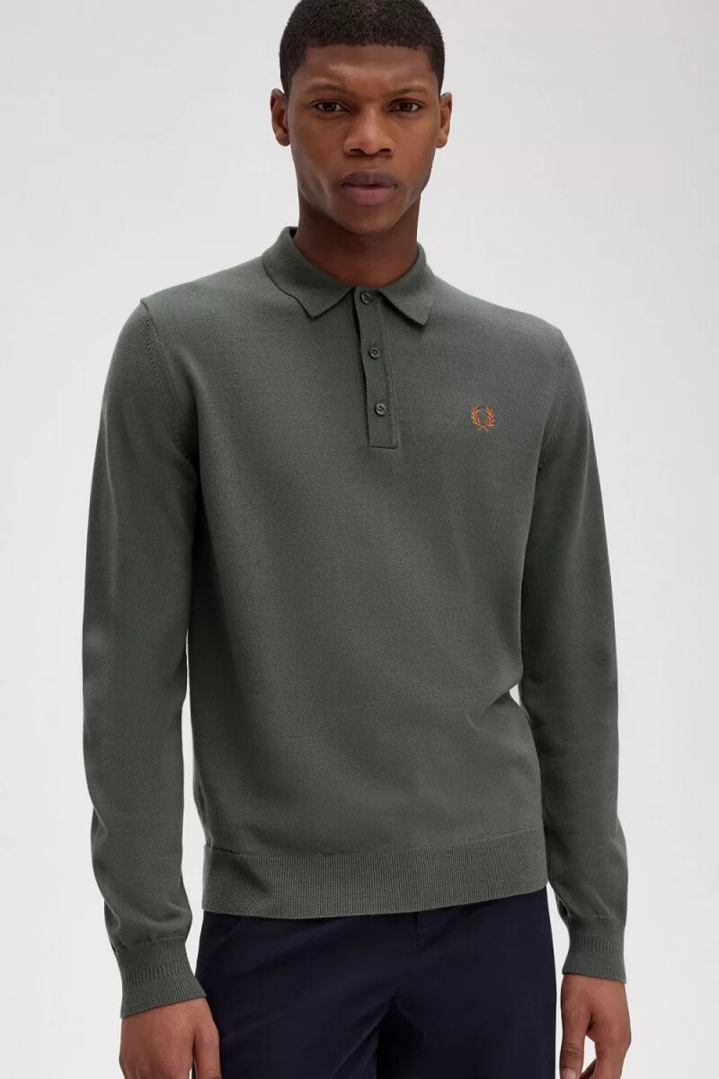 fred perry klassisk stickad herrskjorta field green
