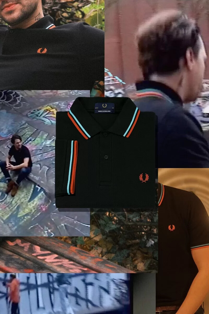 fred perry m12 herrskjorta svart hamburg himmelsblå orange sprayfärg