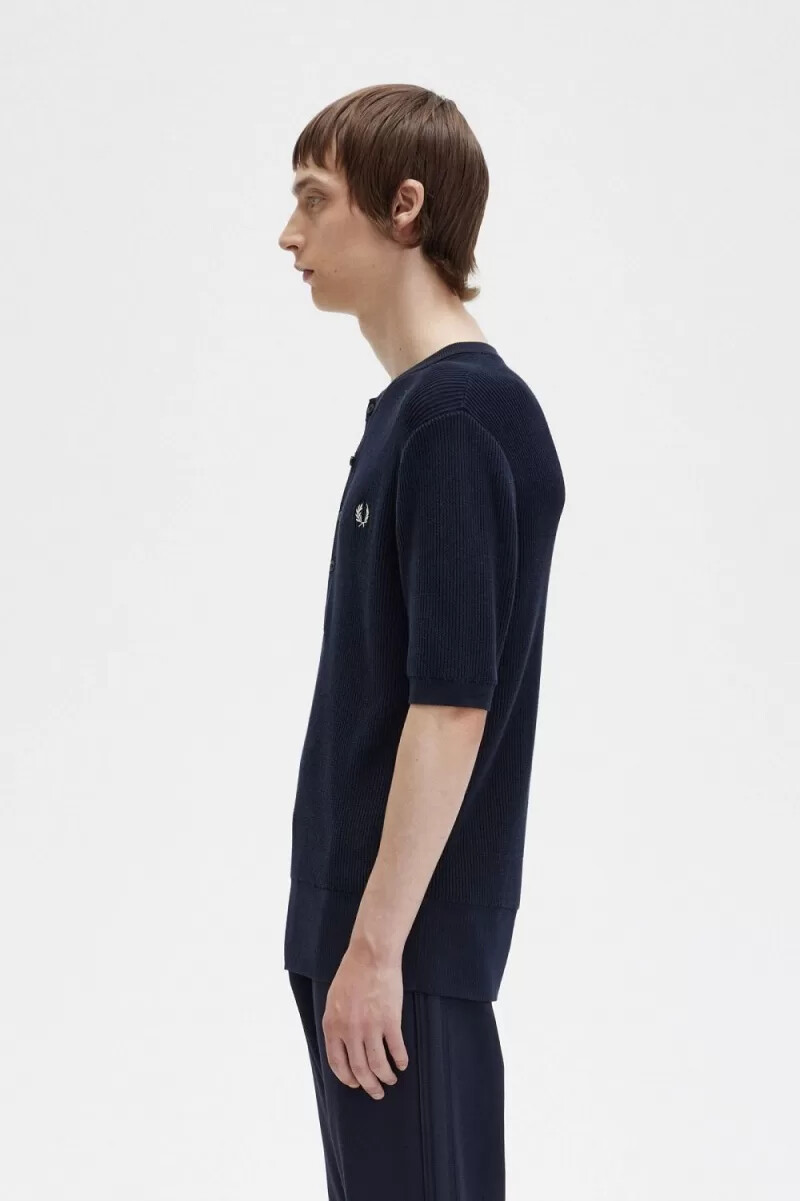 fred perry ribbad stickad herrskjorta marinblå