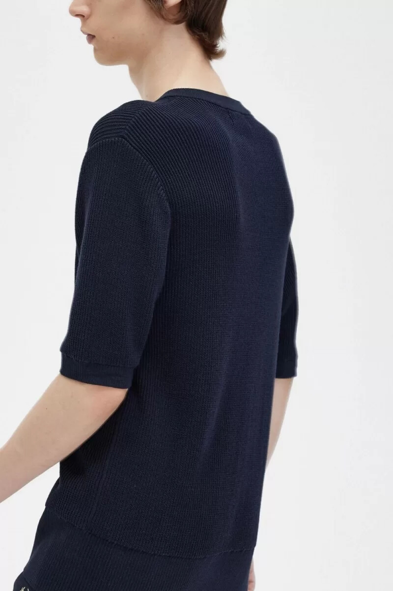 fred perry ribbad stickad herrskjorta marinblå