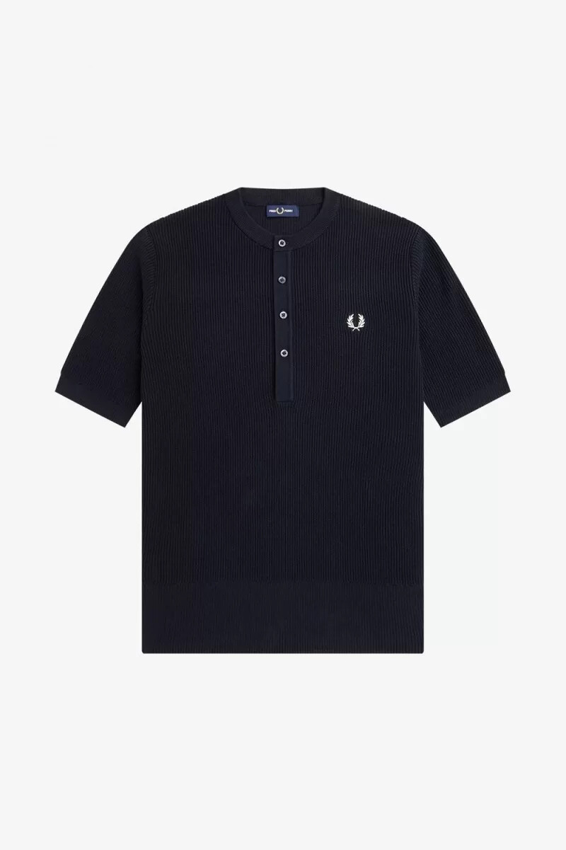 fred perry ribbad stickad herrskjorta marinblå